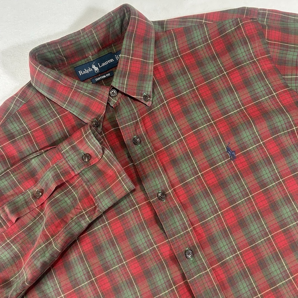 Ralph Lauren Men's XL Red Green Plaid Custom Fit Long Sleeve Button Down Shirt‎